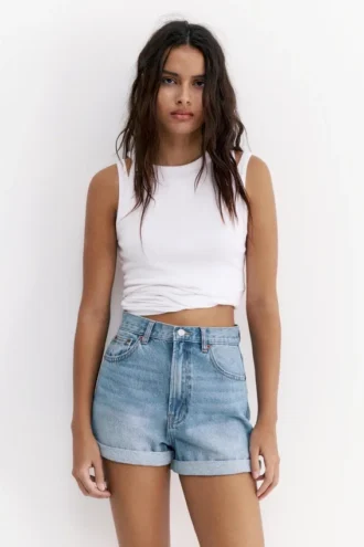 Denim-Mom-Shorts mit Umschlag