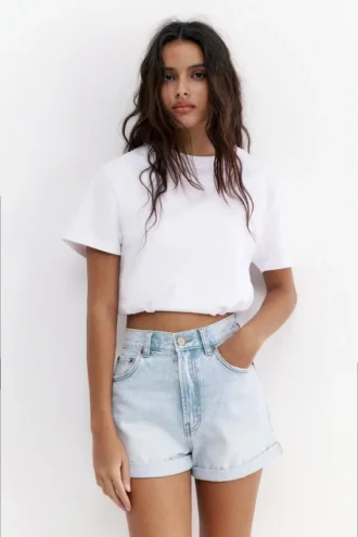Denim-Mom-Shorts mit Umschlag