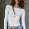 Langarm-T-Shirt mit U-Boot-Ausschnitt Langarm-T-Shirt mit U-Boot-Ausschnitt